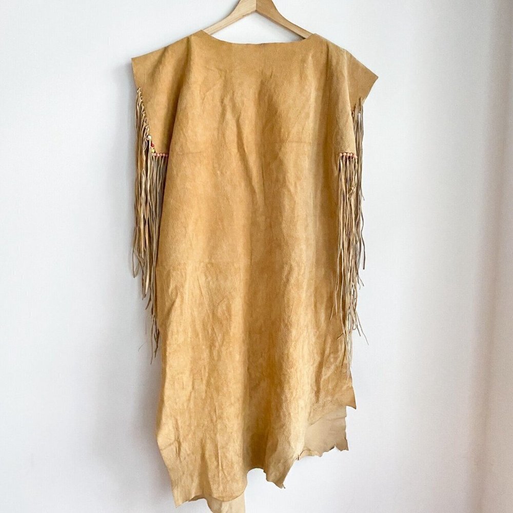 Vintage Handmade Suede Asymmetrical Hem Fringe Bead Detail Boho Simple Dress L - Picture 2 of 8